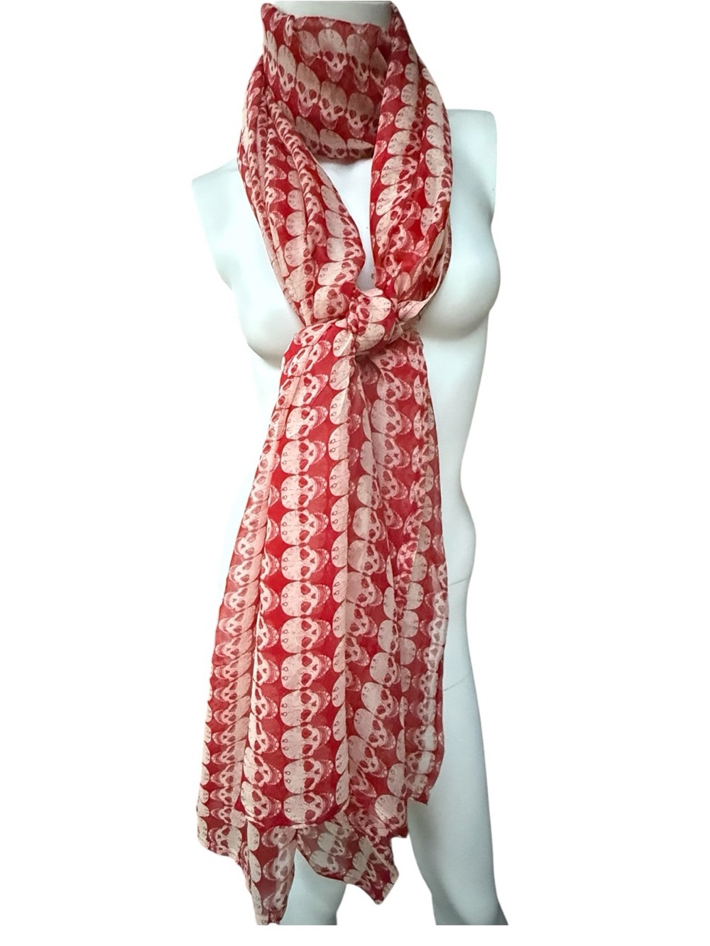 Handmade Red & White Skull-Print silk chiffon Swim Cover-Up, Sarong, Scarf.